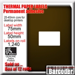 Box of Genuine Zebra thermal paper labels for desktop label printers. Perforated. 75mm (W) x 50mm (H). 1,240 labels per roll. White. Permanent adhesive. Suitable for all 4" printhead desktop label printers (no ribbon required). 1 box of 12 minimum.