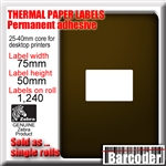 Genuine Zebra thermal paper labels for desktop label printers. Perforated. 75mm (W) x 50mm (H). 1,240 labels per roll. White. Permanent adhesive. Suitable for all 4" printhead desktop label printers (no ribbon required). 1 roll minimum.