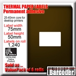 ValuePack Genuine Zebra thermal paper labels for desktop label printers. Perforated. 75mm (W) x 50mm (H). 1,240 labels per roll. White. Permanent adhesive. Suitable for all 4" printhead desktop label printers (no ribbon required). 6 roll box.