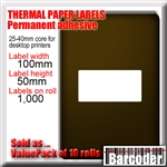 ValuePack thermal paper labels for desktop label printers. 100mm (W) x 50mm (H). 1,000 labels per roll. White. Permanent adhesive. Suitable for all 4" printhead desktop label printers (no ribbon required). 10 roll box.