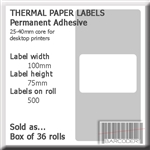 Box of thermal paper labels for desktop label printers. 100mm (W) x 75mm (H). 500 labels per roll. White. Permanent adhesive. Suitable for all 4" printhead desktop label printers (no ribbon required). Box of 36 rolls.
