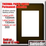 Box of thermal paper labels for desktop label printers. Perforated. 100mm (W) x 150mm (H). 300 labels per roll. White. Permanent adhesive. Suitable for all 4" printhead desktop label printers (no ribbon required). 1 box of 12 minimum.
