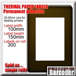 Thermal paper labels for desktop label printers. Perforated. 100mm (W) x 150mm (H). 400 labels per roll. White. Permanent adhesive. Suitable for all 4" printhead desktop label printers (no ribbon required). 1 roll minimum.
