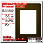 ValuePack thermal paper labels for desktop label printers. Perforated. 100mm (W) x 150mm (H). 333 labels per roll. White. Permanent adhesive. Suitable for all 4" printhead desktop label printers (no ribbon required). 6 roll box.
