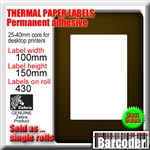 Genuine Zebra thermal paper labels for desktop label printers. Perforated. 100mm (W) x 150mm (H). 430 labels per roll. White. Permanent adhesive. Suitable for all 4" printhead desktop label printers (no ribbon required). 1 roll minimum.