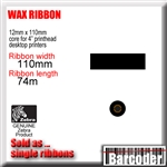 Genuine Zebra thermal transfer ribbon. Zebra 2100. 110mm wide. 74 metres long. Black. Enhanced wax (for coated or uncoated paper label stock).  Suitable for 4" printhead desktop thermal transfer printers only. 1 ribbon minimum.